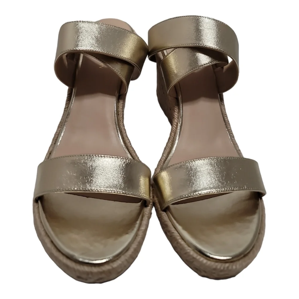 Stuart Weitzman Lexia Gold Metallic Leather Espadrille Buckle Wedges 10